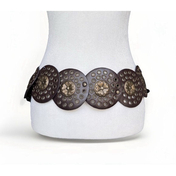 Women's Brown Concho Belt Brass Disc Buckle Coachella Festival Fit Western Boho - Picture 7 of 16